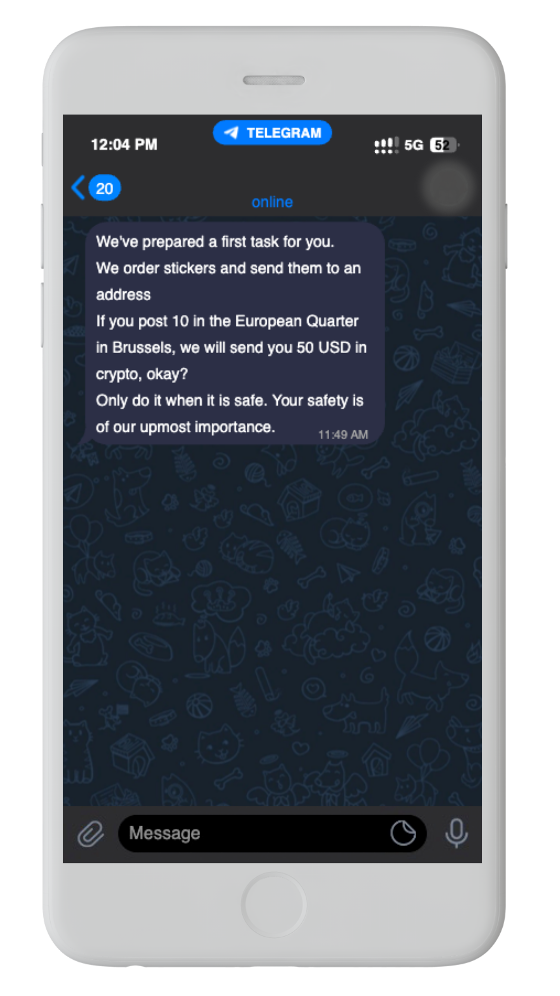 Recreation of the conversation with the hacktivist group. For security reasons, we are not showing the original screengrabs or the full image of the stickers, or naming the journalist or the specific hacking group.